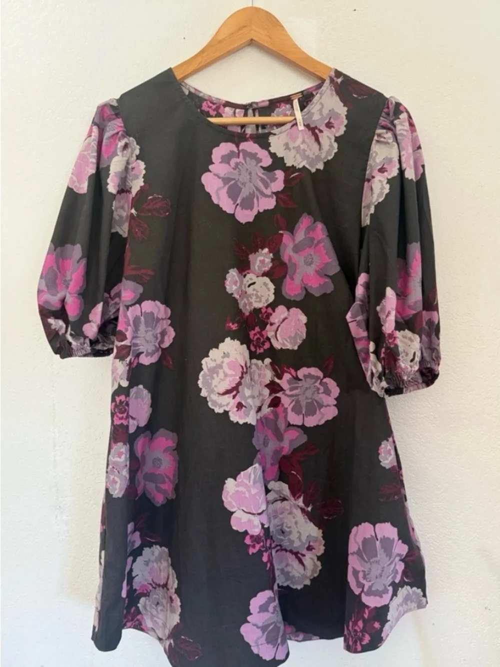 Free People “Maye” Black Mini Dress with Pink Floral Print